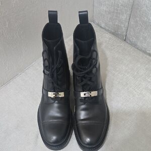 HERMES Black Leather Lace-Up Boots with Silver Buckle
